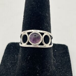 Vintage Sterling Silver Ring Mid-Century, Amethyst Cabochon, Geometric  Sz: 6